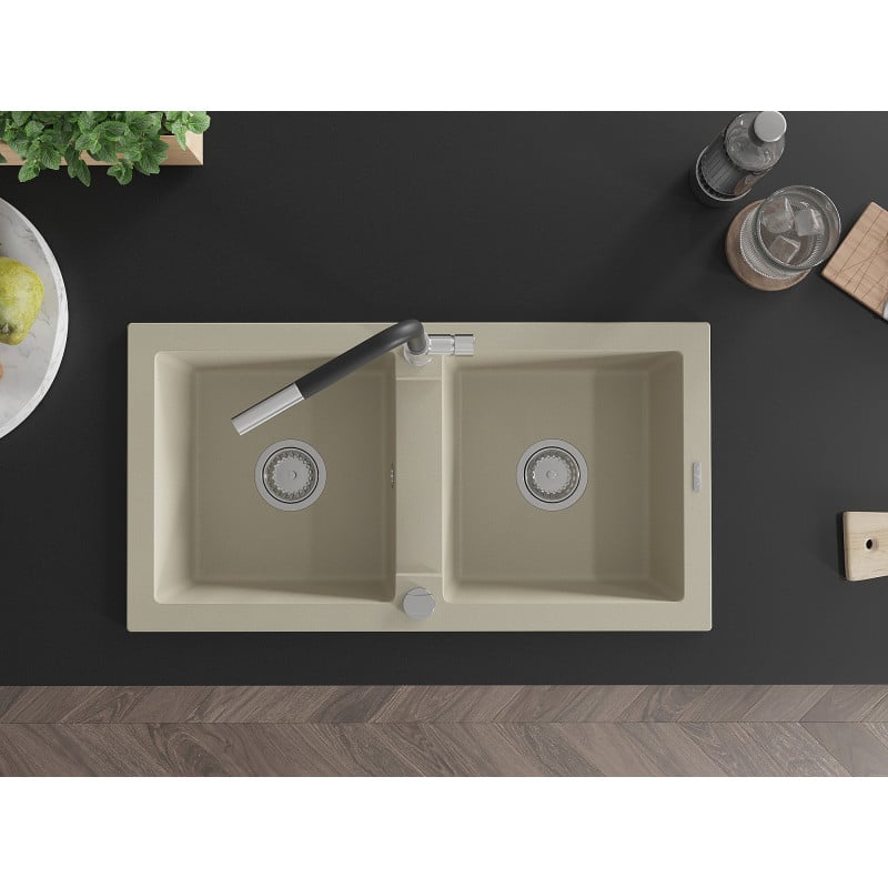 Mexen Mario Granitspüle 2-Kammer mit Küchenarmatur Flora, beige - 6504-69-670401-07