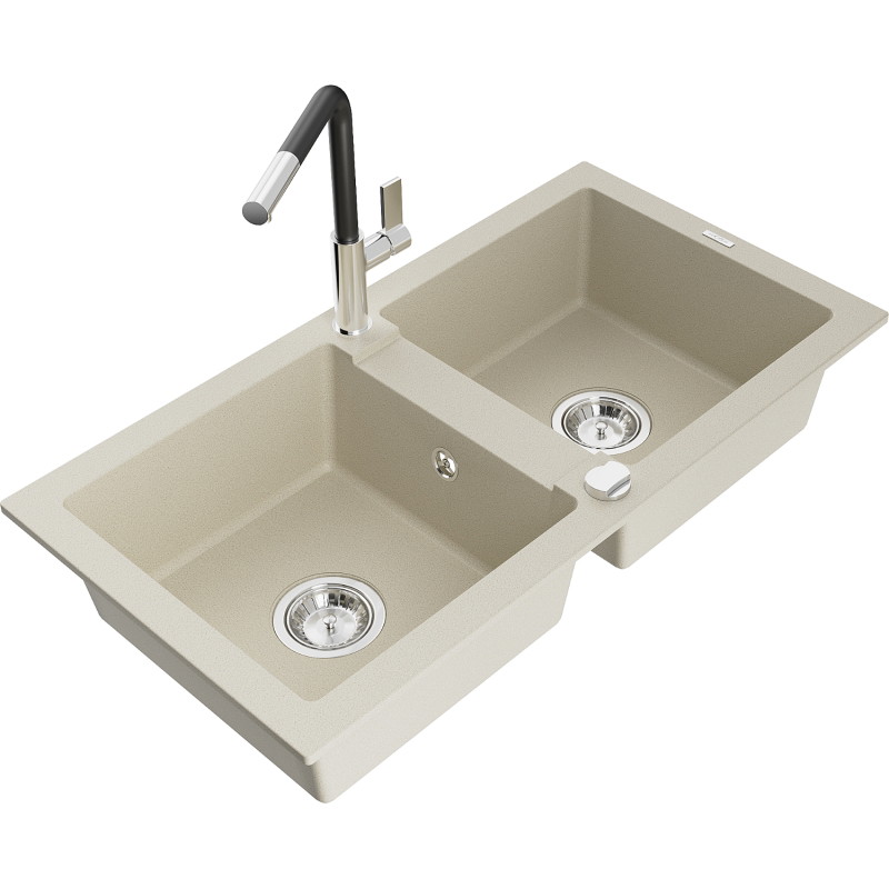 Mexen Mario Granitspüle 2-Becken mit Küchenarmatur Flora, beige - 6504-69-670401-07