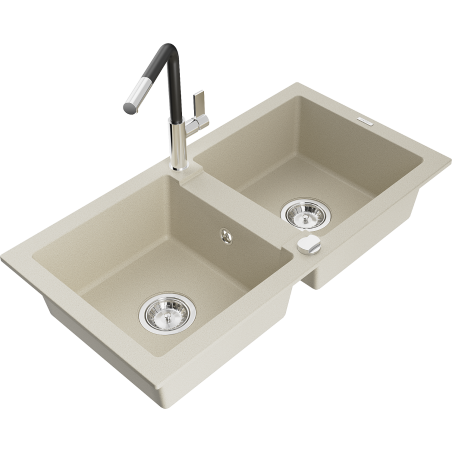 Mexen Mario Granitspüle 2-Kammer mit Küchenarmatur Flora, beige - 6504-69-670401-07