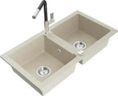 Mexen Mario Granitspüle 2-Kammer mit Küchenarmatur Flora, beige - 6504-69-670401-07
