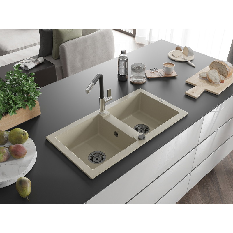 Mexen Mario granitspüle mit 2 Becken und Küchenarmatur Flora, beige - 6504-69-670401-07-B