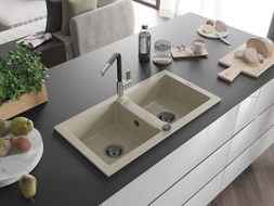 Mexen Mario Granitspüle 2-becken mit Küchenarmatur Flora, beige - 6504-69-670401-07-B
