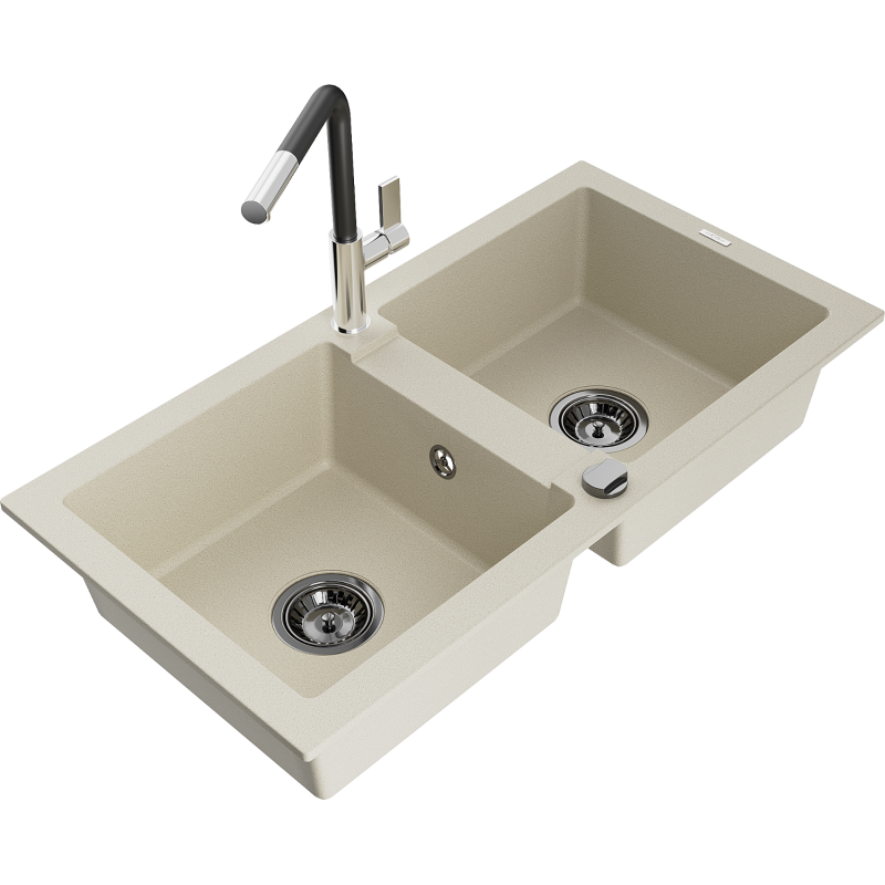 Mexen Mario Granitspüle 2-becken mit Küchenarmatur Flora, beige - 6504-69-670401-07-B