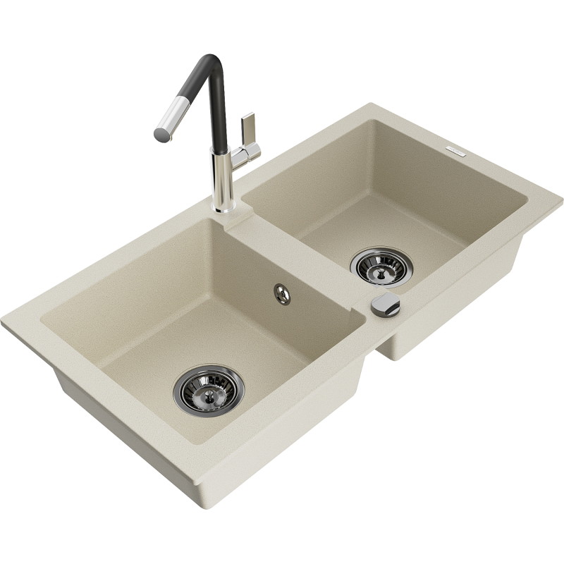 Mexen Mario granitspüle mit 2 Becken und Küchenarmatur Flora, beige - 6504-69-670401-07-B