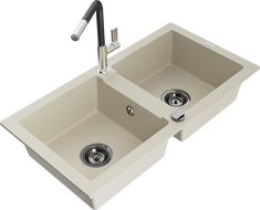 Mexen Mario Granitspüle 2-becken mit Küchenarmatur Flora, beige - 6504-69-670401-07-B