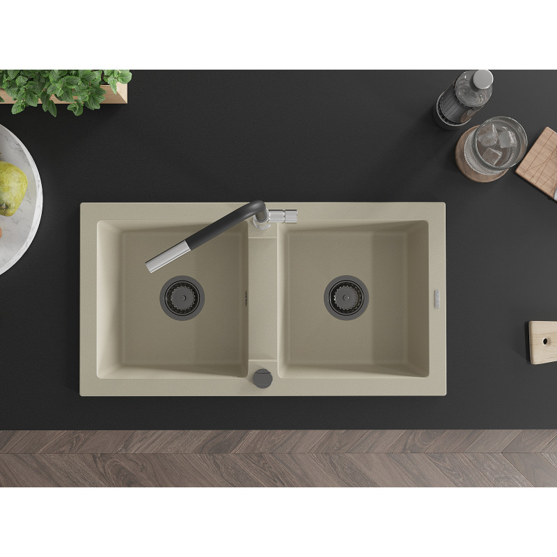 Mexen Mario Granitspüle 2-becken mit Küchenarmatur Flora, beige - 6504-69-670401-07-B