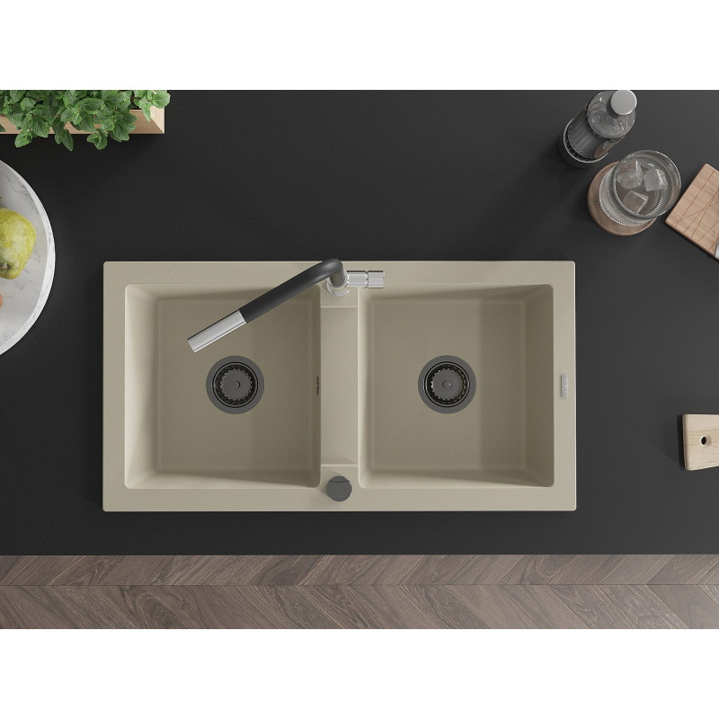 Mexen Mario granitspüle mit 2 Becken und Küchenarmatur Flora, beige - 6504-69-670401-07-B