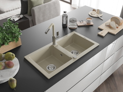 Mexen Mario Granitspüle 2-Becken mit Küchenarmatur Flora, beige - 6504-69-670401-09