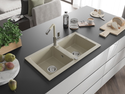 Mexen Mario Granitspüle 2-Kammern mit Küchenarmatur Flora, beige - 6504-69-670401-09