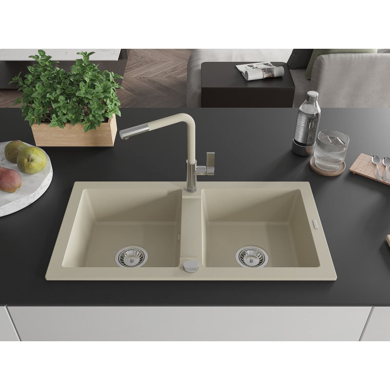 Mexen Mario Granitspüle 2-Becken mit Küchenarmatur Flora, beige - 6504-69-670401-09