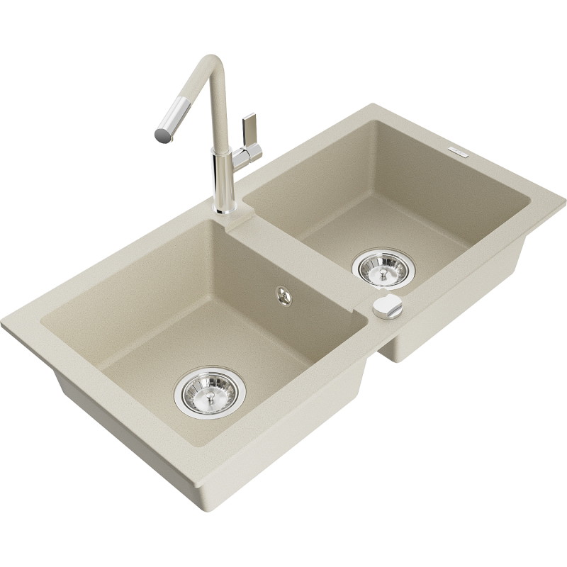 Mexen Mario Granitspüle 2-Kammer mit Küchenarmatur Flora, beige - 6504-69-670401-09