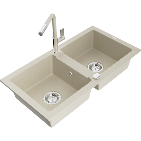 Mexen Mario 2-Becken-Granitspüle mit Mischbatterie Flora, Beige - 6504-69-670401-09