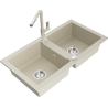 Mexen Mario Granitspüle 2-Becken mit Küchenarmatur Flora, beige - 6504-69-670401-09