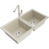 Mexen Mario Granitspüle 2-Kammern mit Küchenarmatur Flora, beige - 6504-69-670401-09