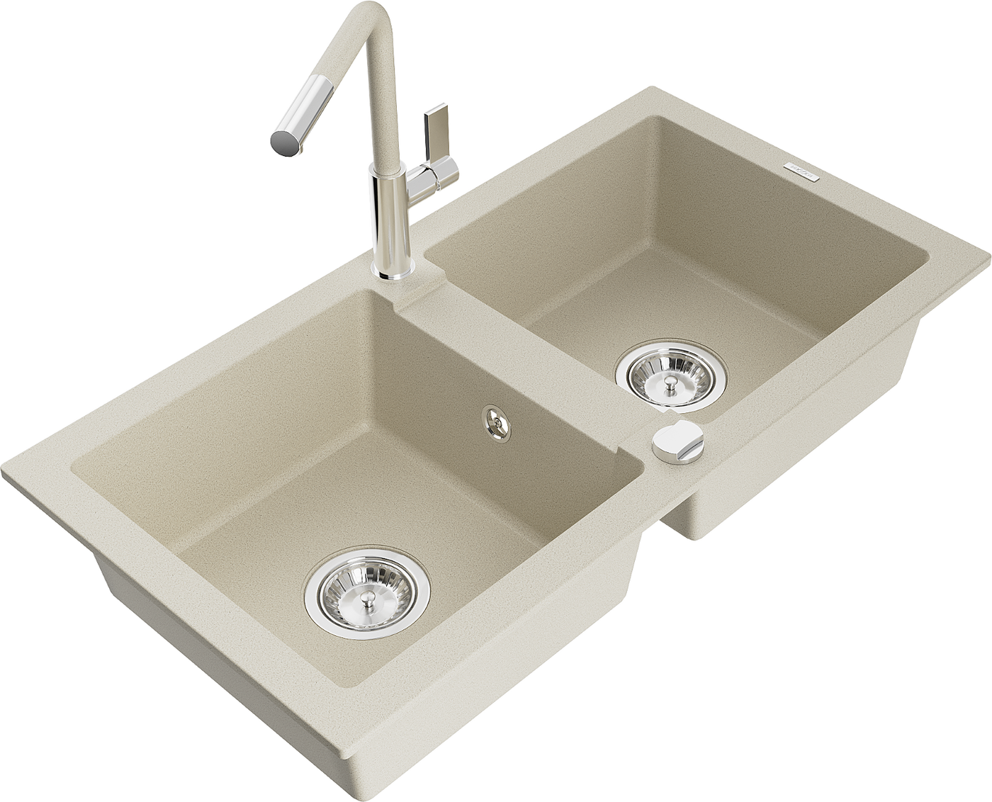 Mexen Mario 2-Becken-Granitspüle mit Mischbatterie Flora, Beige - 6504-69-670401-09