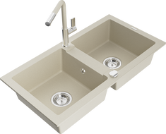 Mexen Mario Granitspüle 2-Becken mit Küchenarmatur Flora, beige - 6504-69-670401-09