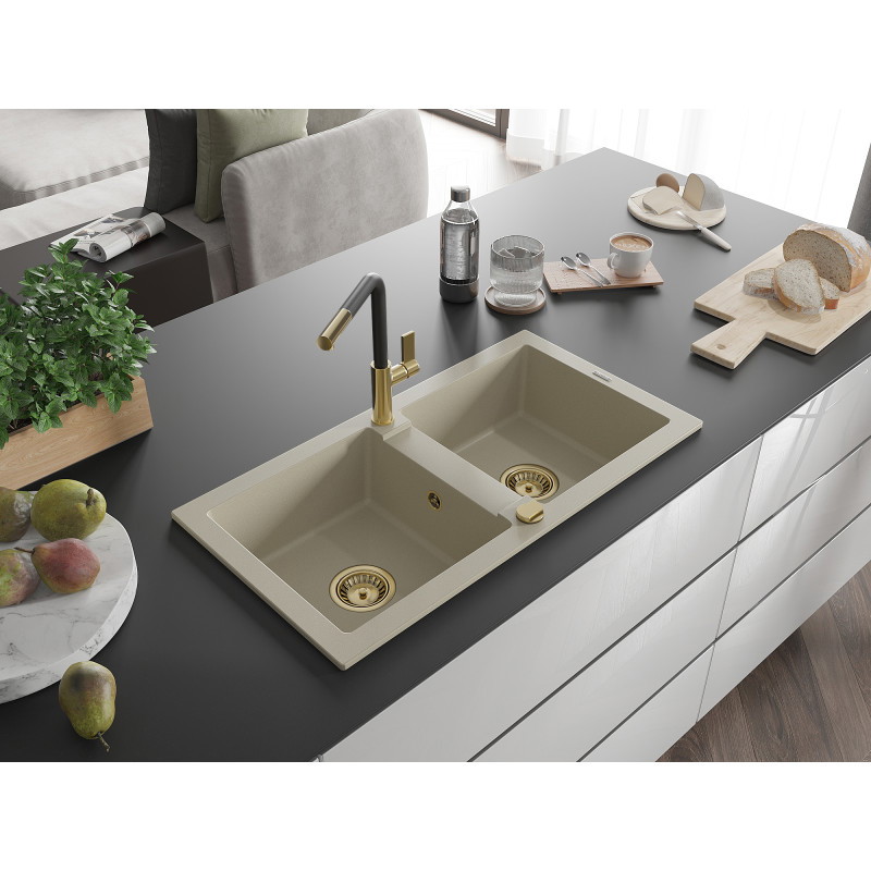 Mexen Mario Granitspüle 2-Kammer mit Küchenarmatur Flora, beige - 6504-69-670401-57-G