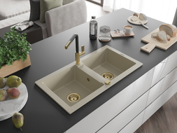 Mexen Mario Granitspüle 2-Kammer mit Küchenarmatur Flora, beige - 6504-69-670401-57-G