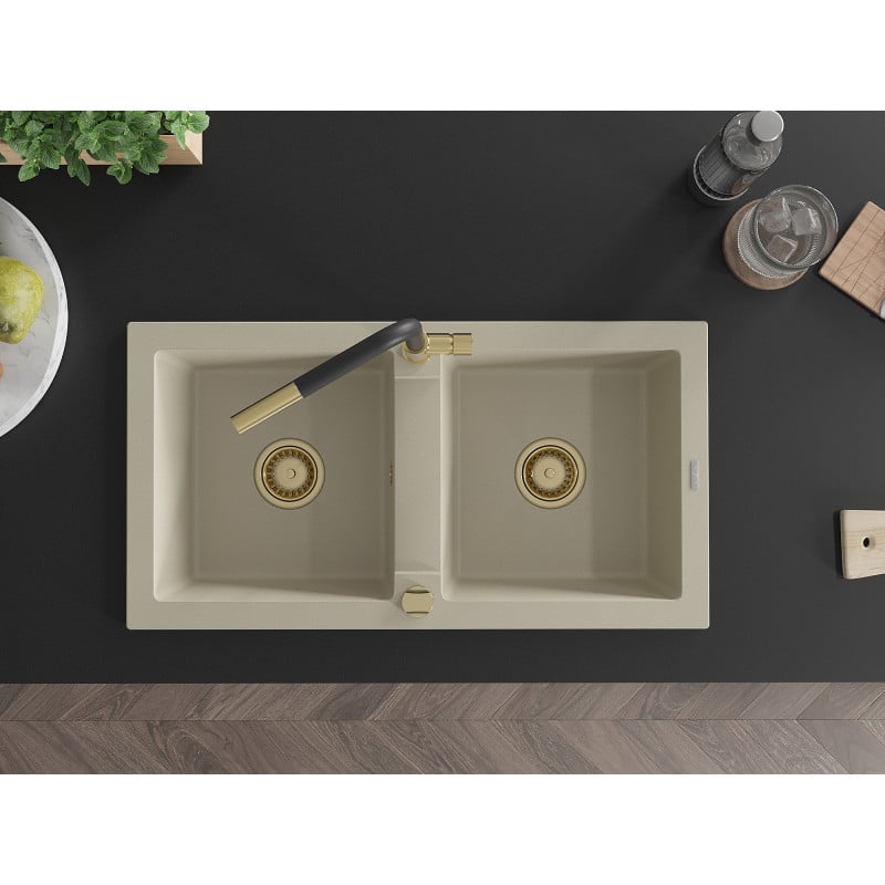 Mexen Mario Granitspüle 2-Kammer mit Küchenarmatur Flora, beige - 6504-69-670401-57-G