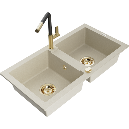 Mexen Mario 2-Becken-Granitspüle mit Mischbatterie Flora, Beige - 6504-69-670401-57-G