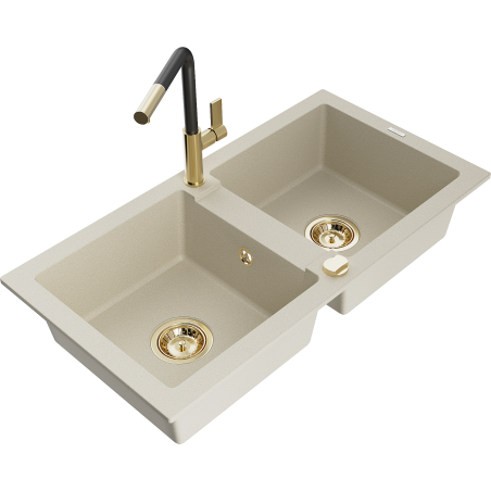 Mexen Mario Granitspüle 2-Kammer mit Küchenarmatur Flora, beige - 6504-69-670401-57-G
