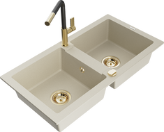 Mexen Mario Granitspüle 2-Kammer mit Küchenarmatur Flora, beige - 6504-69-670401-57-G