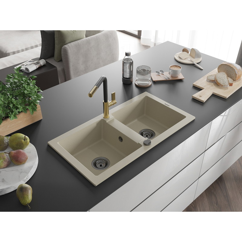 Mexen Mario granitspüle 2-becken mit küchenarmatur Flora, beige - 6504-69-670401-57-B