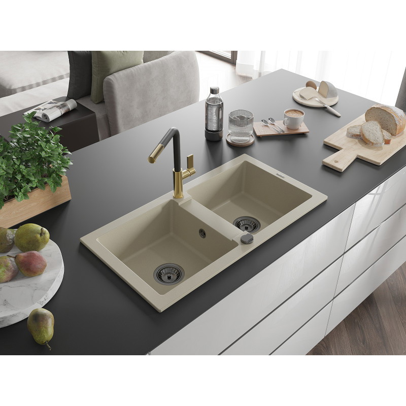 Mexen Mario Granitspüle 2-Fach mit Küchenarmatur Flora, Beige - 6504-69-670401-57-B