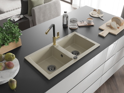 Mexen Mario Granitspüle, 2-Kammer mit Küchenarmatur Flora, beige - 6504-69-670401-57-B