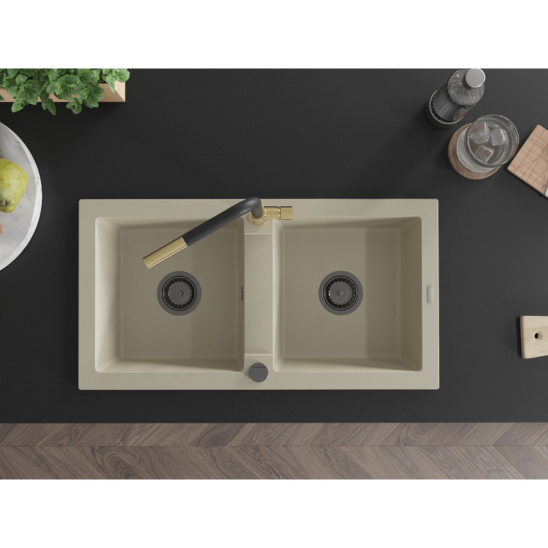 Mexen Mario Granitspüle 2-Fach mit Küchenarmatur Flora, Beige - 6504-69-670401-57-B