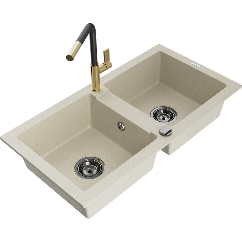 Mexen Mario 2-Becken-Granitspüle mit Mischbatterie Flora, Beige - 6504-69-670401-57-B