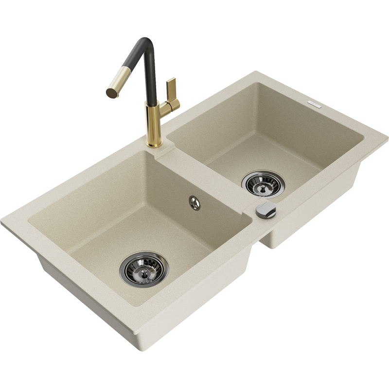 Mexen Mario Granitspüle 2-Fach mit Küchenarmatur Flora, Beige - 6504-69-670401-57-B