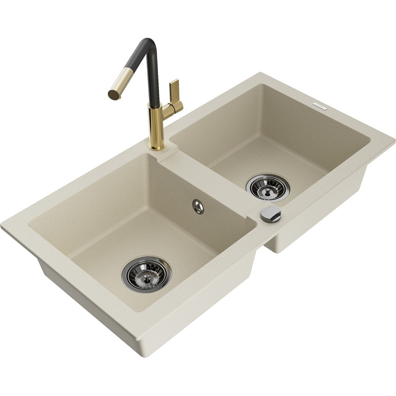 Mexen Mario Granitspüle, 2-Kammer mit Küchenarmatur Flora, beige - 6504-69-670401-57-B