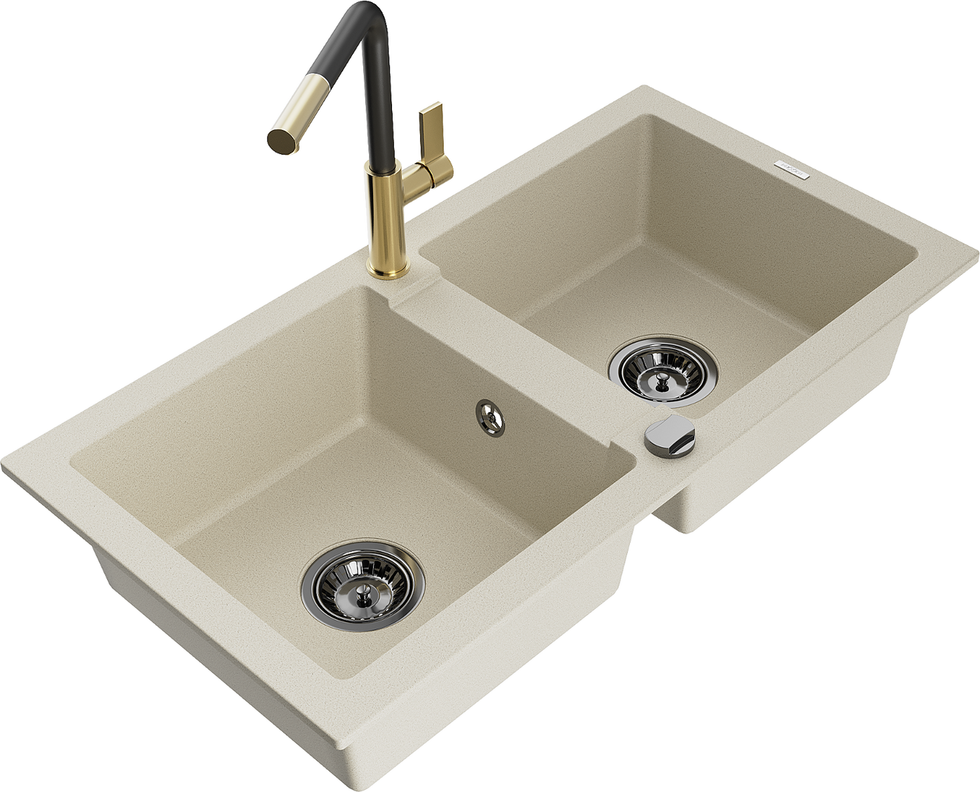 Mexen Mario 2-Becken-Granitspüle mit Mischbatterie Flora, Beige - 6504-69-670401-57-B