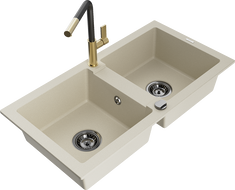 Mexen Mario Granitspüle 2-Fach mit Küchenarmatur Flora, Beige - 6504-69-670401-57-B