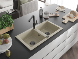 Mexen Mario Granit-Spüle mit 2 Becken und Küchenarmatur Flora, beige - 6504-69-670401-70-B