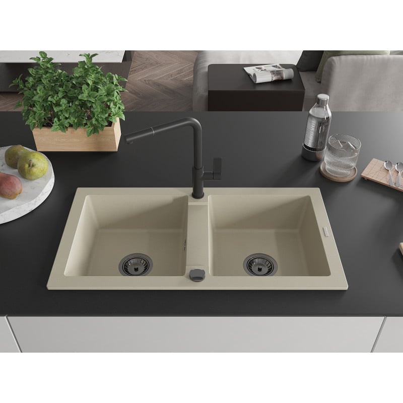 Mexen Mario Granit-Spüle mit 2 Becken und Küchenarmatur Flora, beige - 6504-69-670401-70-B