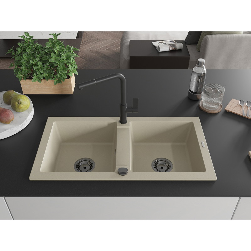 Mexen Mario granitspüle 2-becken mit küchenarmatur Flora, beige - 6504-69-670401-70-B