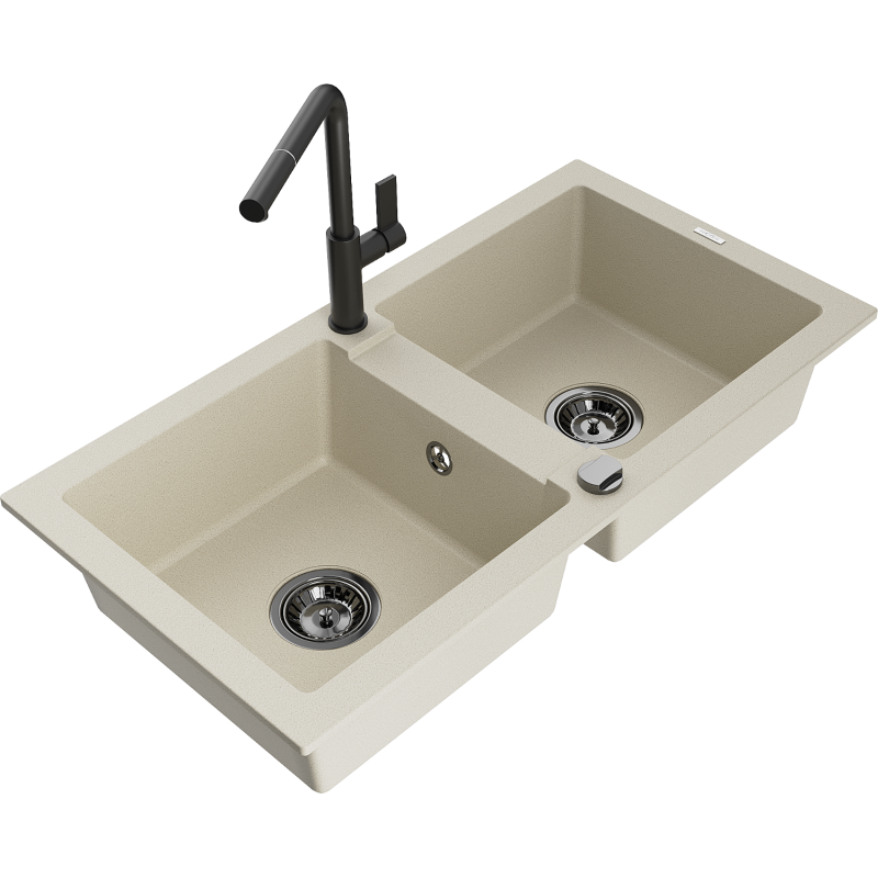 Mexen Mario Granit-Spüle mit 2 Becken und Küchenarmatur Flora, beige - 6504-69-670401-70-B