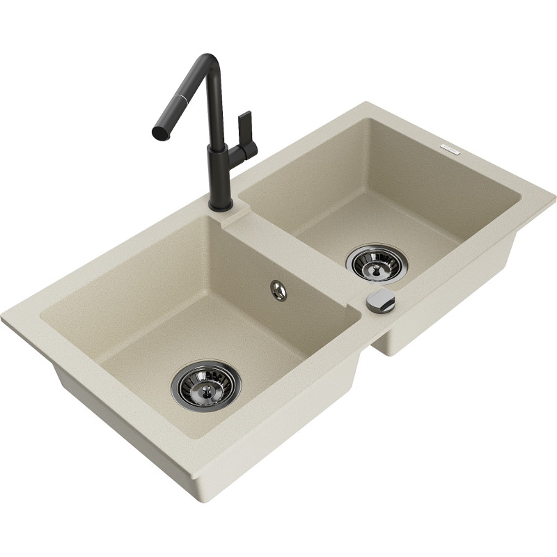 Mexen Mario granitspüle 2-becken mit küchenarmatur Flora, beige - 6504-69-670401-70-B