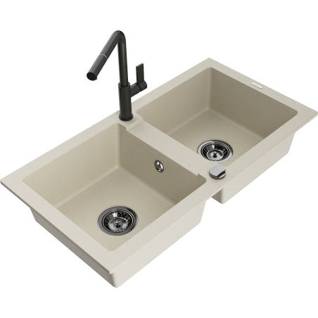 Mexen Mario Granit-Spüle mit 2 Becken und Küchenarmatur Flora, beige - 6504-69-670401-70-B