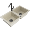 Mexen Mario Granit-Spüle mit 2 Becken und Küchenarmatur Flora, beige - 6504-69-670401-70-B
