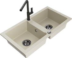 Mexen Mario Granit-Spüle mit 2 Becken und Küchenarmatur Flora, beige - 6504-69-670401-70-B