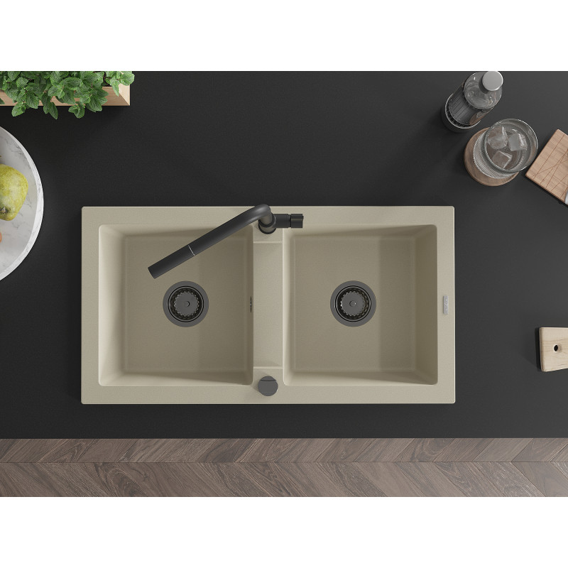 Mexen Mario Granit-Spüle mit 2 Becken und Küchenarmatur Flora, beige - 6504-69-670401-70-B