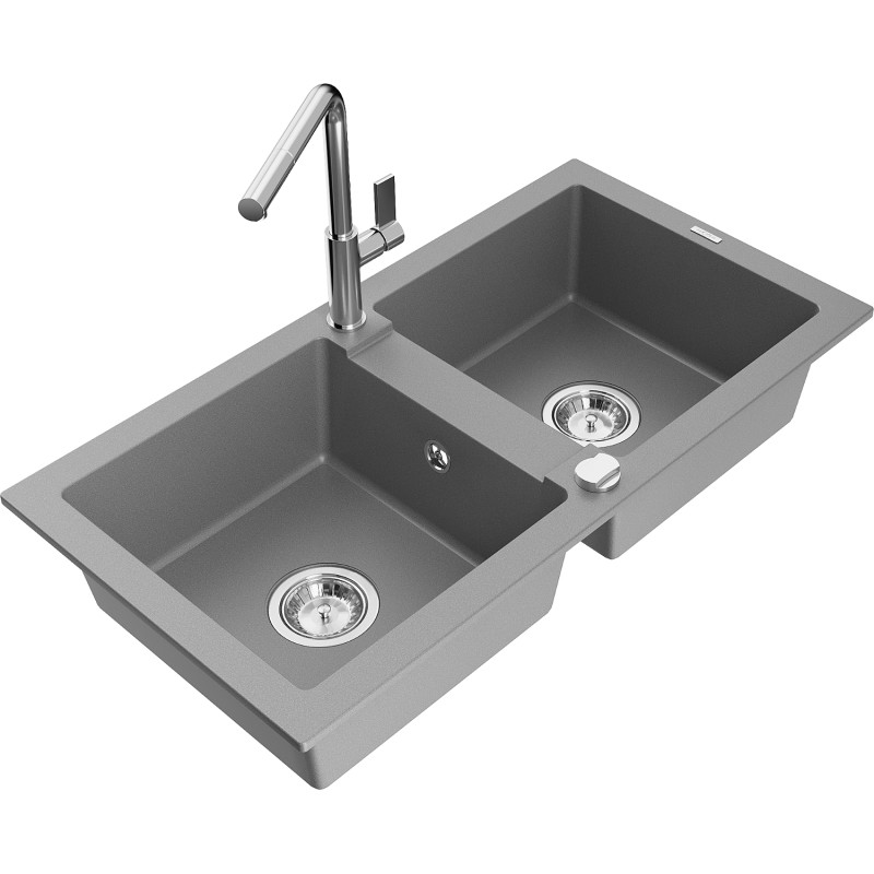 Mexen Mario Granit-Spülbecken 2-Kammer mit Küchenarmatur Flora, grau - 6504-71-670401-00