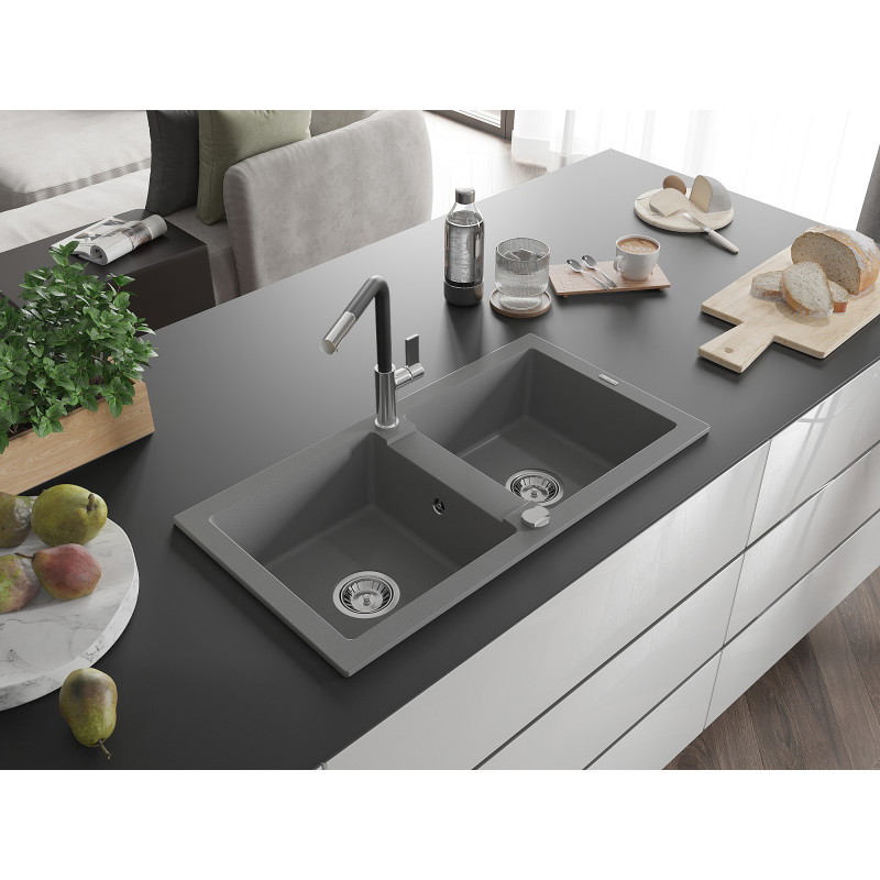 Mexen Mario Granitspüle 2-Becken mit Küchenarmatur Flora, grau - 6504-71-670401-07
