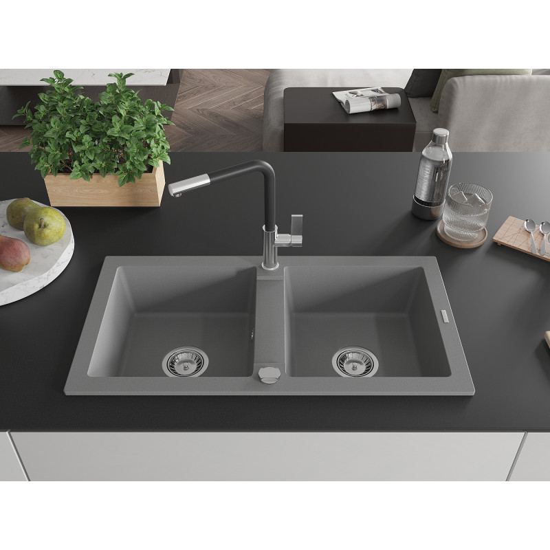 Mexen Mario Granitspüle 2-Becken mit Küchenarmatur Flora, grau - 6504-71-670401-07
