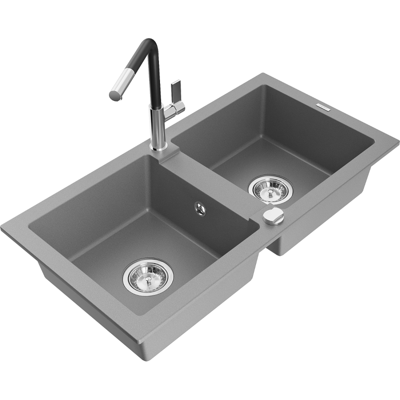 Mexen Mario Granitspüle 2-Becken mit Küchenarmatur Flora, grau - 6504-71-670401-07