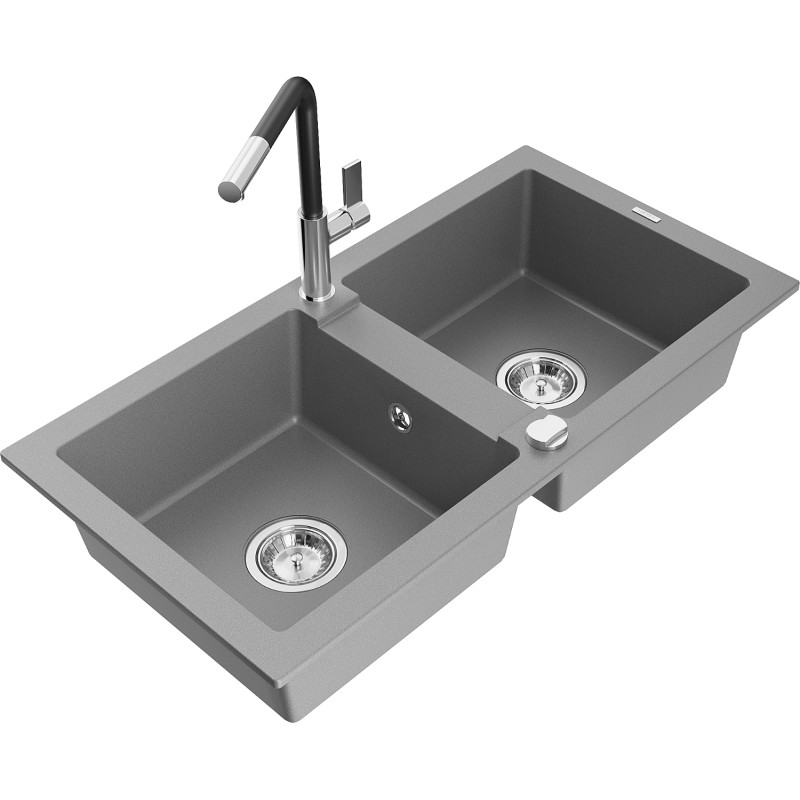 Mexen Mario Granitspüle 2-Kammer mit Küchenarmatur Flora, grau - 6504-71-670401-07