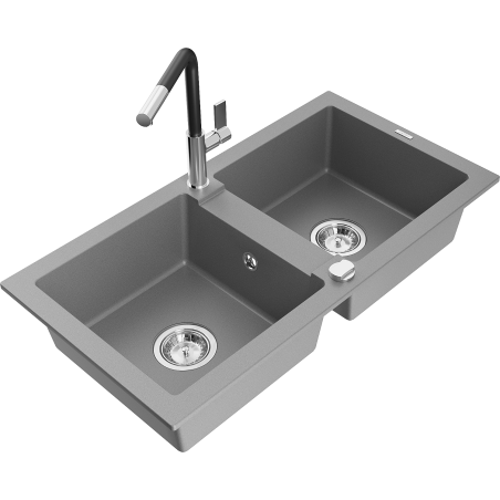Mexen Mario Granitspüle 2-Becken mit Küchenarmatur Flora, grau - 6504-71-670401-07